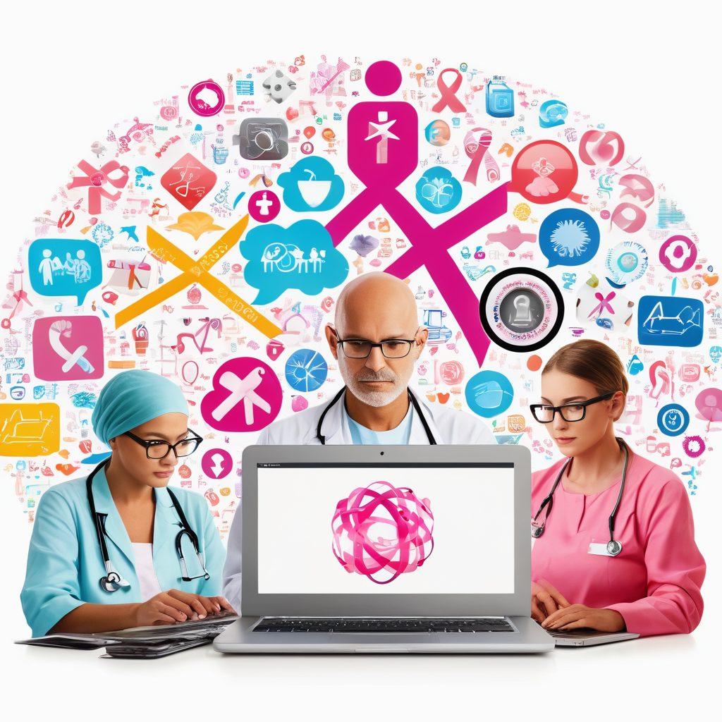 A digital collage representing a diverse group of patients engaging with technology, showcasing secure browsing on laptops and tablets, surrounded by cancer awareness ribbons and icons of research. Include elements like data security symbols and vibrant graphs illustrating cancer statistics. The background should feature a soft, uplifting color palette symbolizing hope and empowerment. super-realistic. vibrant colors. white background.