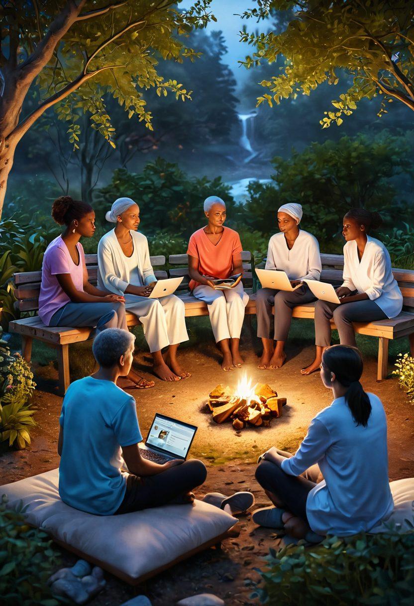 A compassionate scene depicting a diverse group of patients discussing cancer treatment in a serene, cozy online support group setting. The background features a blend of technology and nature, symbolizing online safety and awareness. Elements like a laptop displaying a heartwarming chat, supportive messages, and a soft glowing light to evoke hope and resilience. The atmosphere should feel warm and inviting. super-realistic. vibrant colors. digital art.